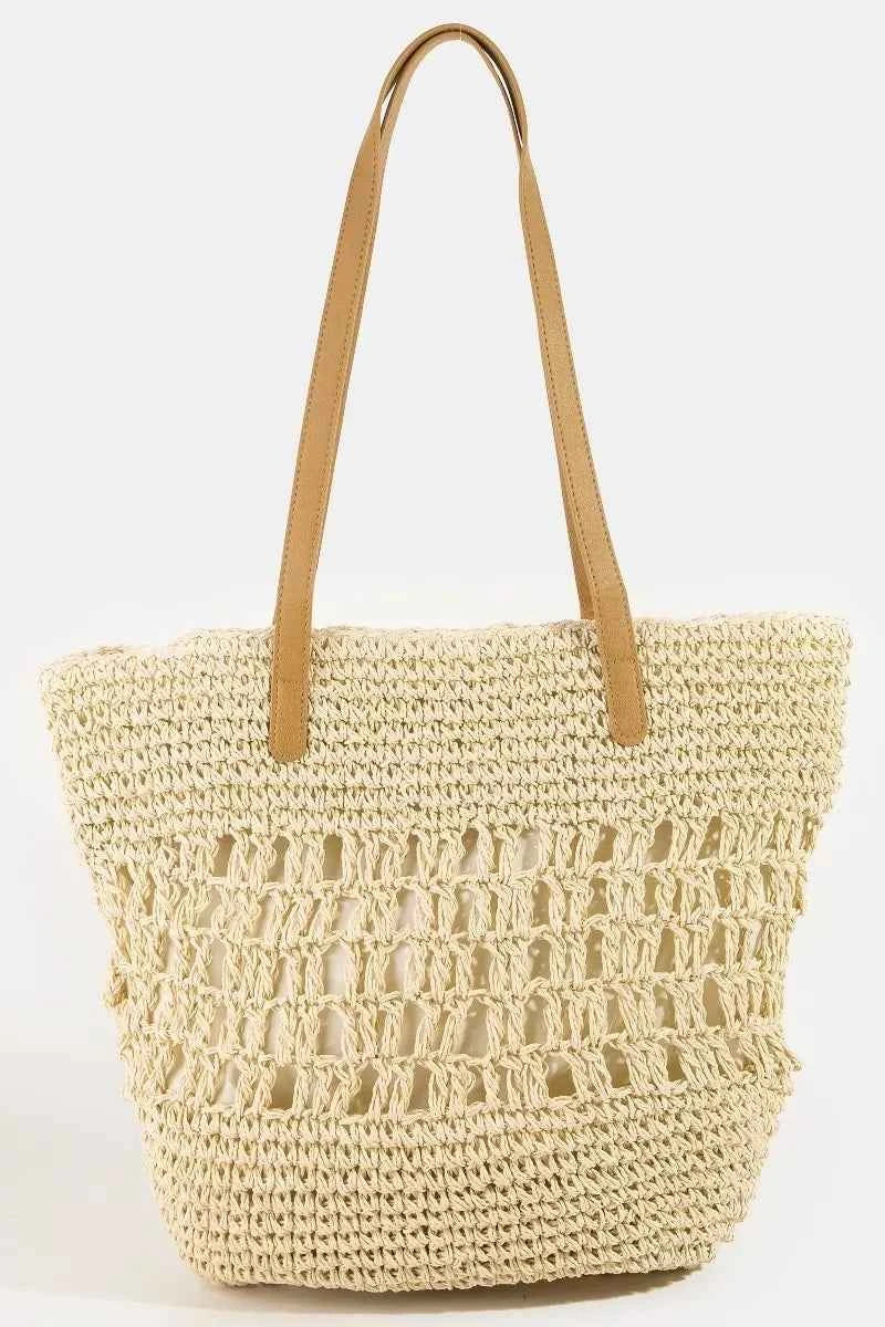 Women's Fame Accessories Intricate Straw Braided Large Tote Bag Brown Beige Beige one size