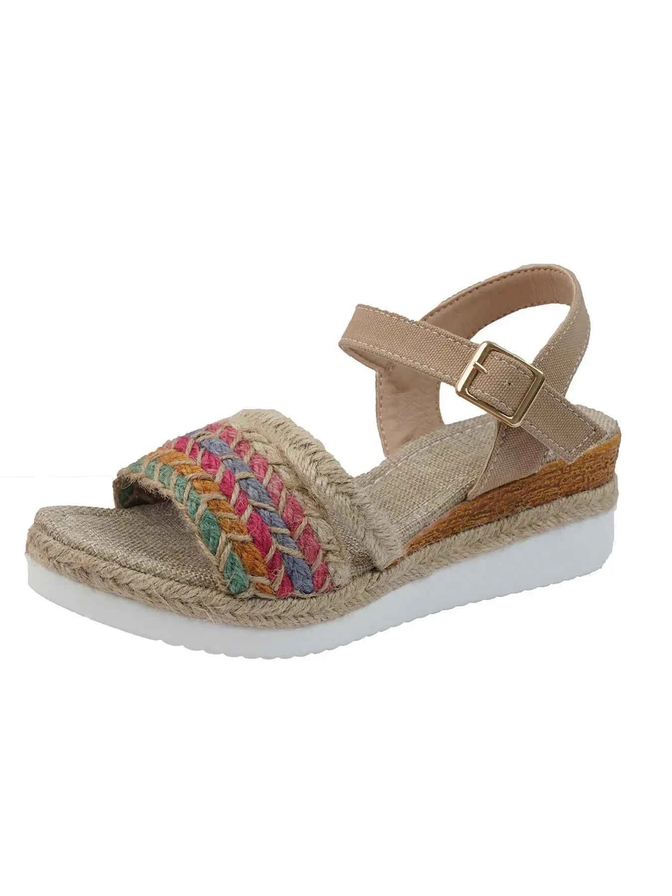 Women's Braided Rainbow Strap Platform Wedge Sandals Camel US 5-11