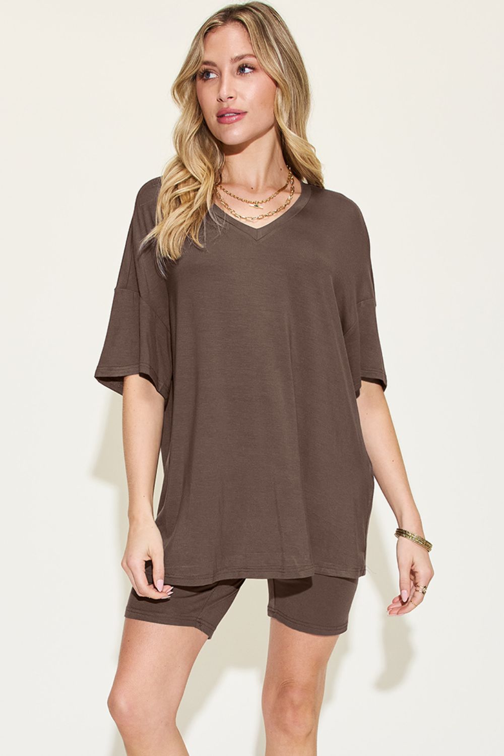 Basic Bae Women's V-Neck Drop Shoulder T-Shirt Shorts Set S-3XL Chocolate