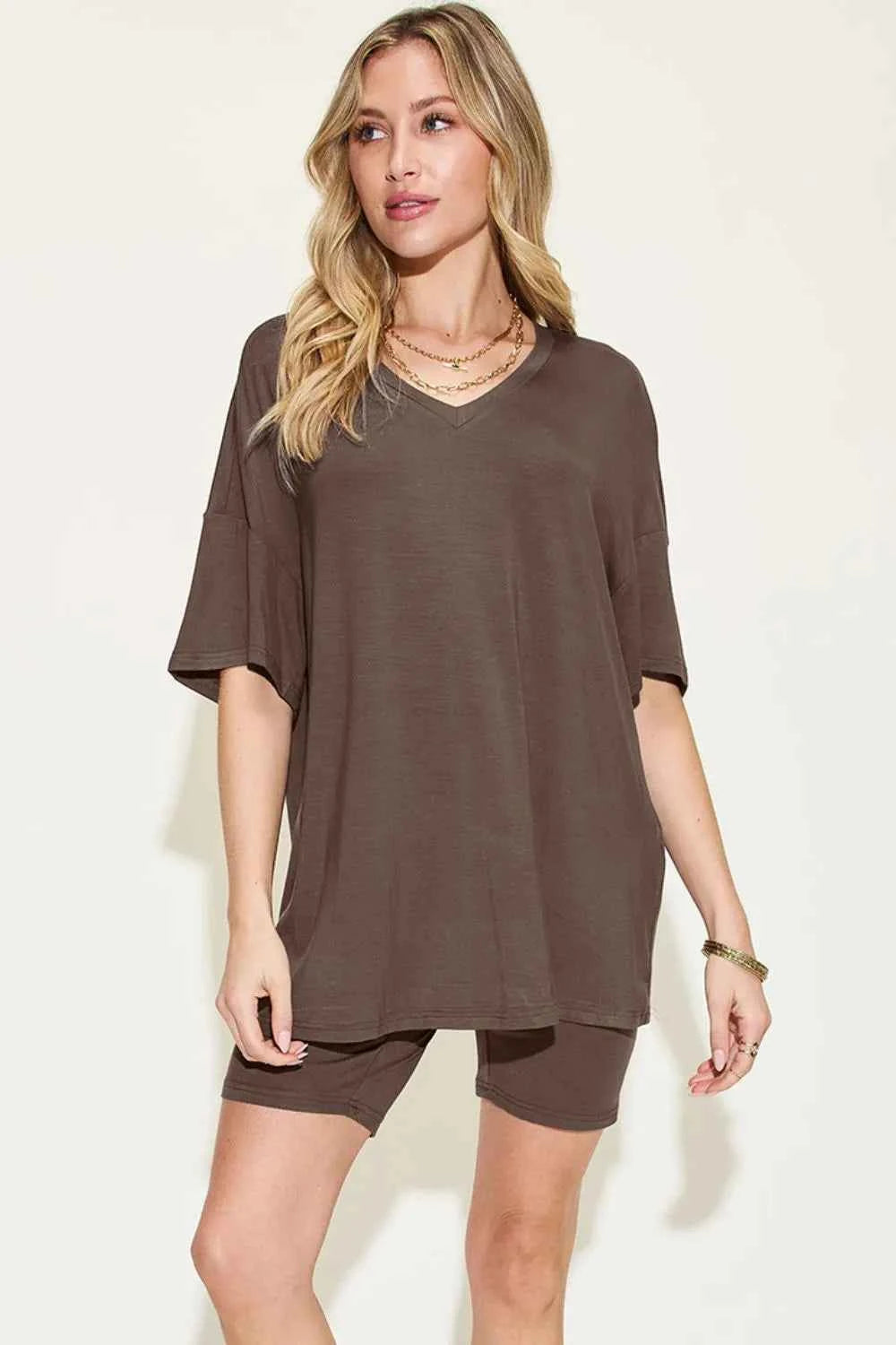 Basic Bae Women's V-Neck Drop Shoulder T-Shirt Shorts Set S-3XL