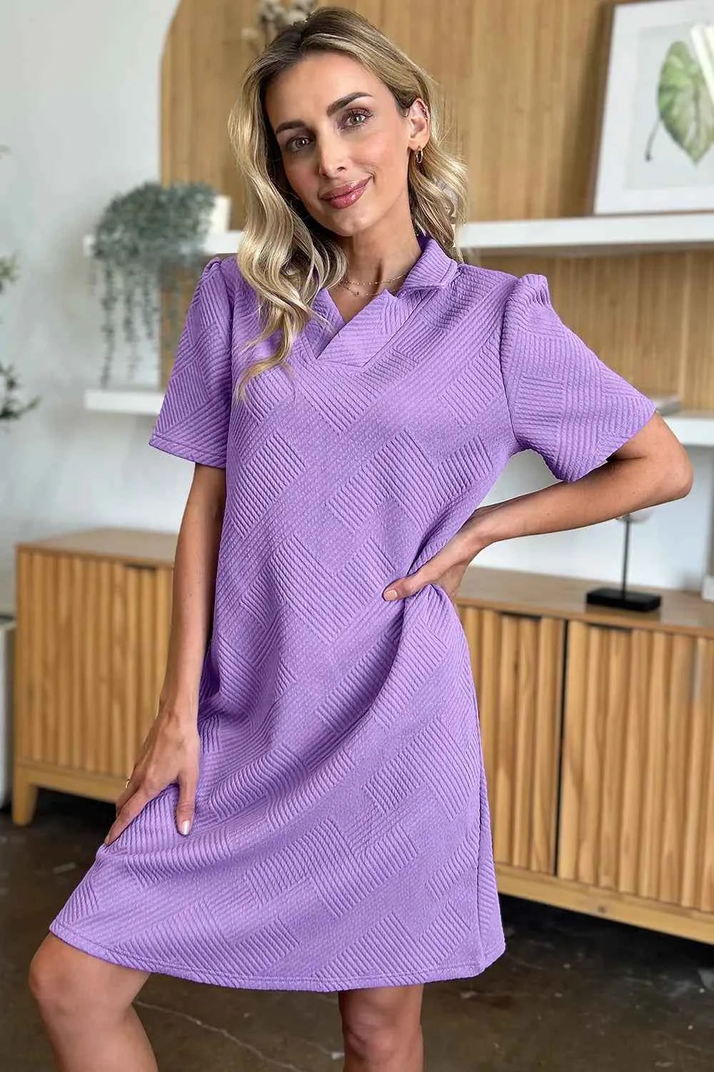 Women's Double Take Texture Collared Neck Short Sleeve Dress Multi Colors S-3XL