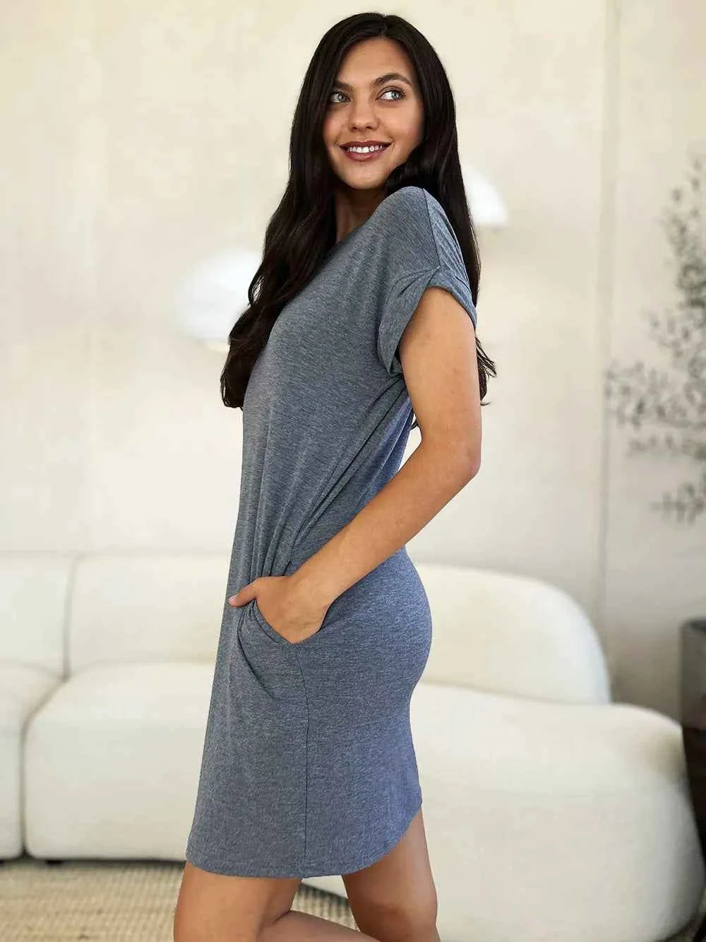 Basic Bae Women's Round Neck Short Sleeve Midi Dress Pockets Multi ColorsS-3XL
