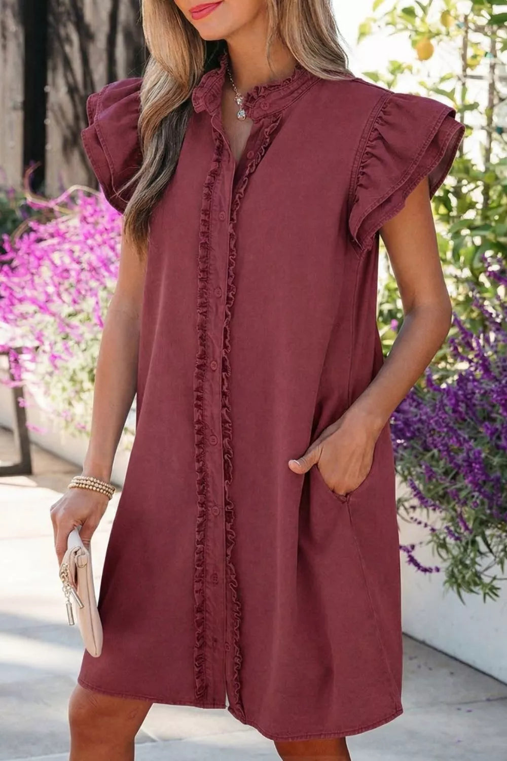 Women's Ruffle Button-Down Denim Mini Dress – Frilled Short Sleeve