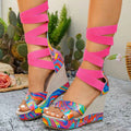Women's Open Toe Wedge High Heel Sandals Multi Color Leopard Print EU 36-42