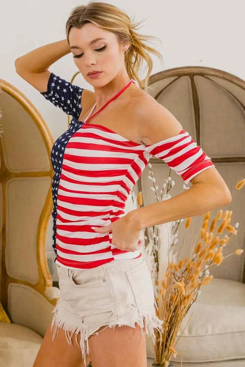 BiBi Women's Patriotic American Flag Off Shoulder Ruched Tied Cutout Top Red S-L