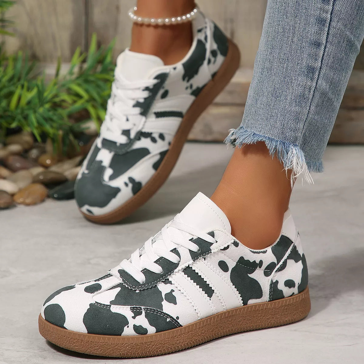 Women's Cow Print Casual Flat Sneakers PU Leather Black Brown US 5-11