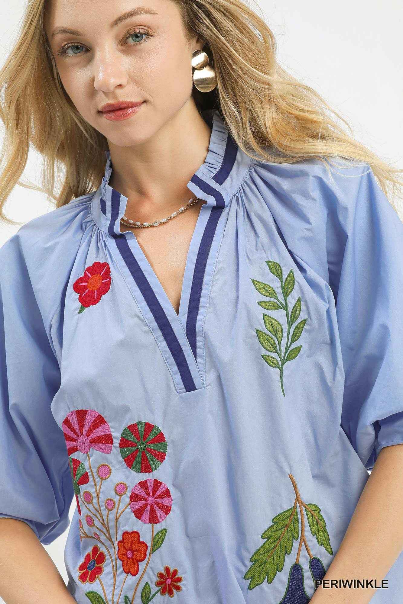 Umgee Women's Embroidered Floral V-Neck Blouse Puff Sleeve Periwinkle S-L