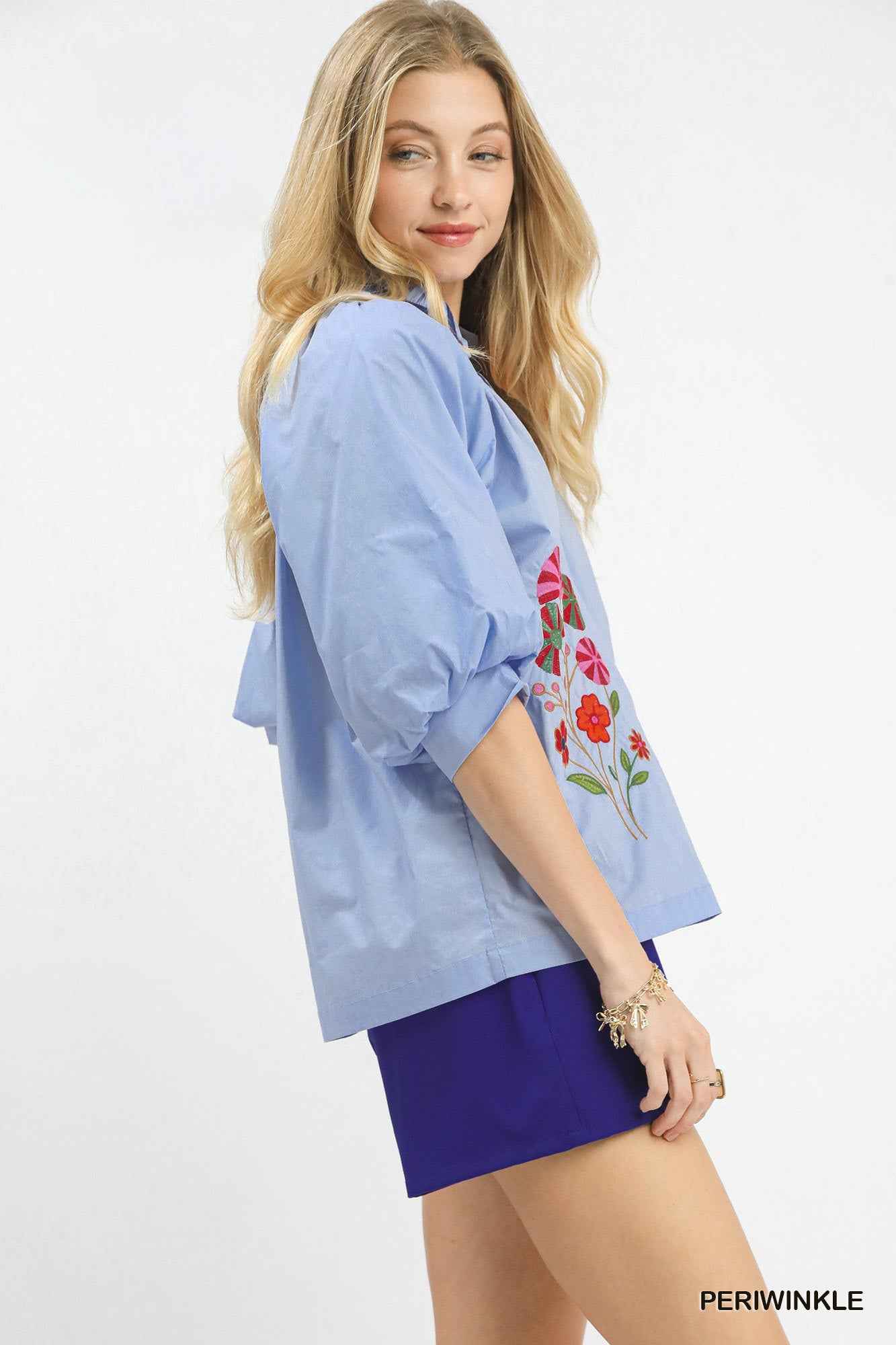 Umgee Women's Embroidered Floral V-Neck Blouse Puff Sleeve Periwinkle S-L