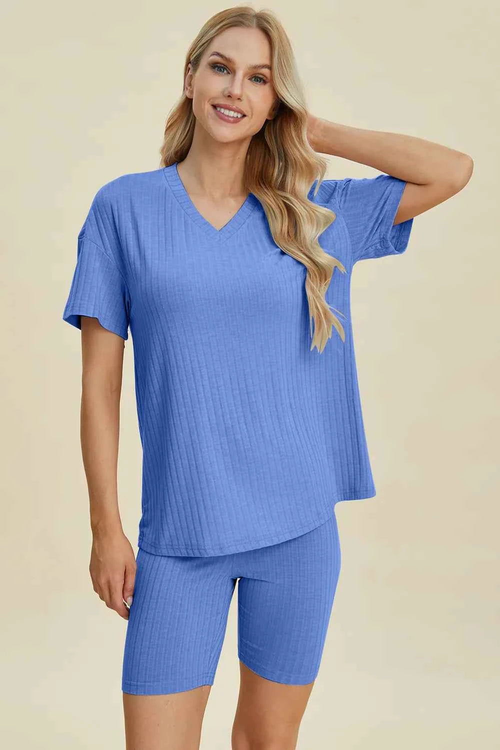 Women's Basic Bae Ribbed V-Neck Top and Shorts Set Two-Piece Multi Colors S-3XL