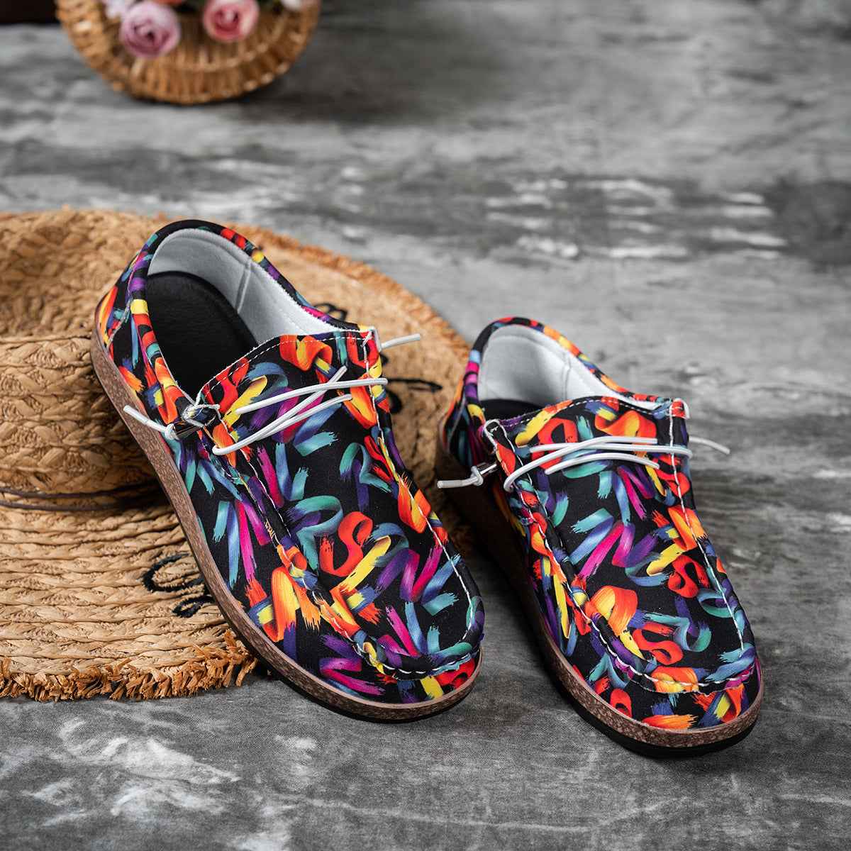 Women's Colorful Abstract Print Casual Loafers Slip-On Flat Shoes 5-11 EU 36-43