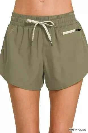 Women's Zenana Soft Woven Lined Shorts Drawstring Zip Pocket Dusty Olive S-L