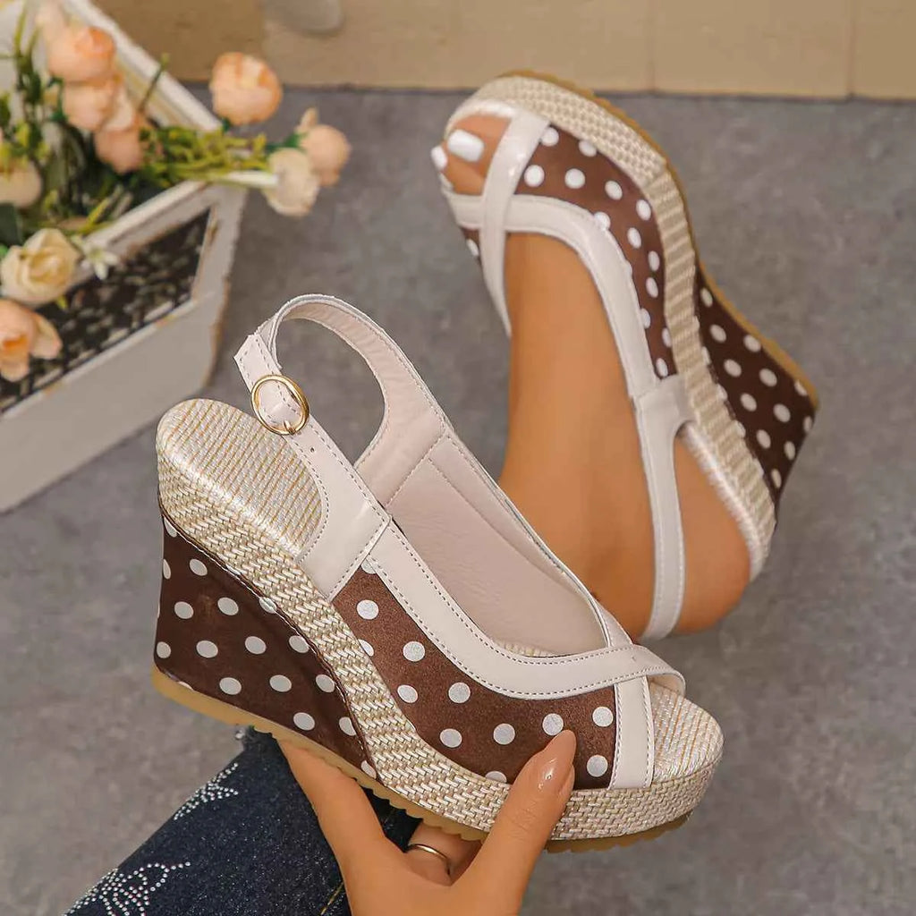 Women's Polka Dot Peep Toe Wedge High Heel Sandals Coffee Black Red EU 36-43