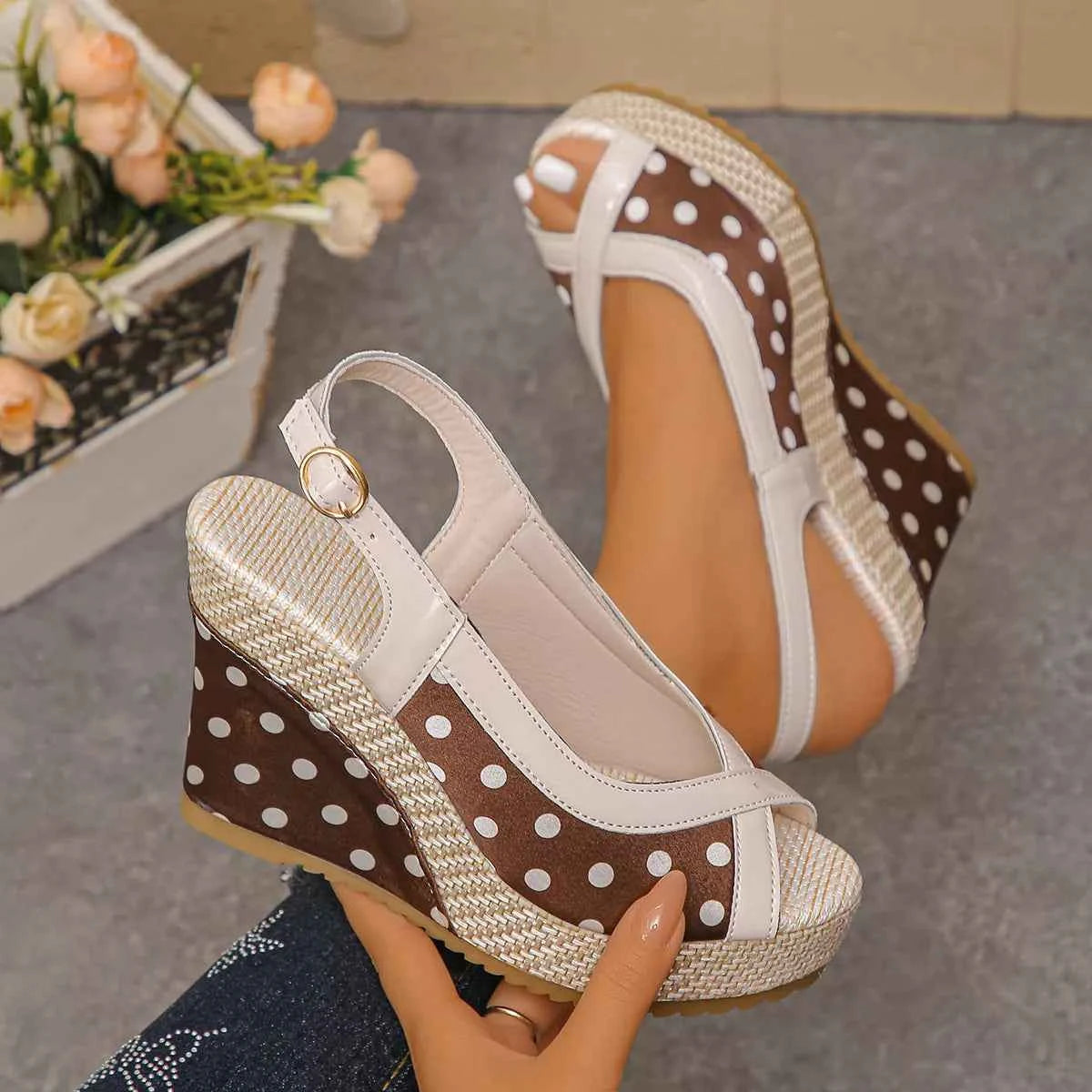 Women's Polka Dot Peep Toe Wedge High Heel Sandals Coffee Black Red EU 36-43