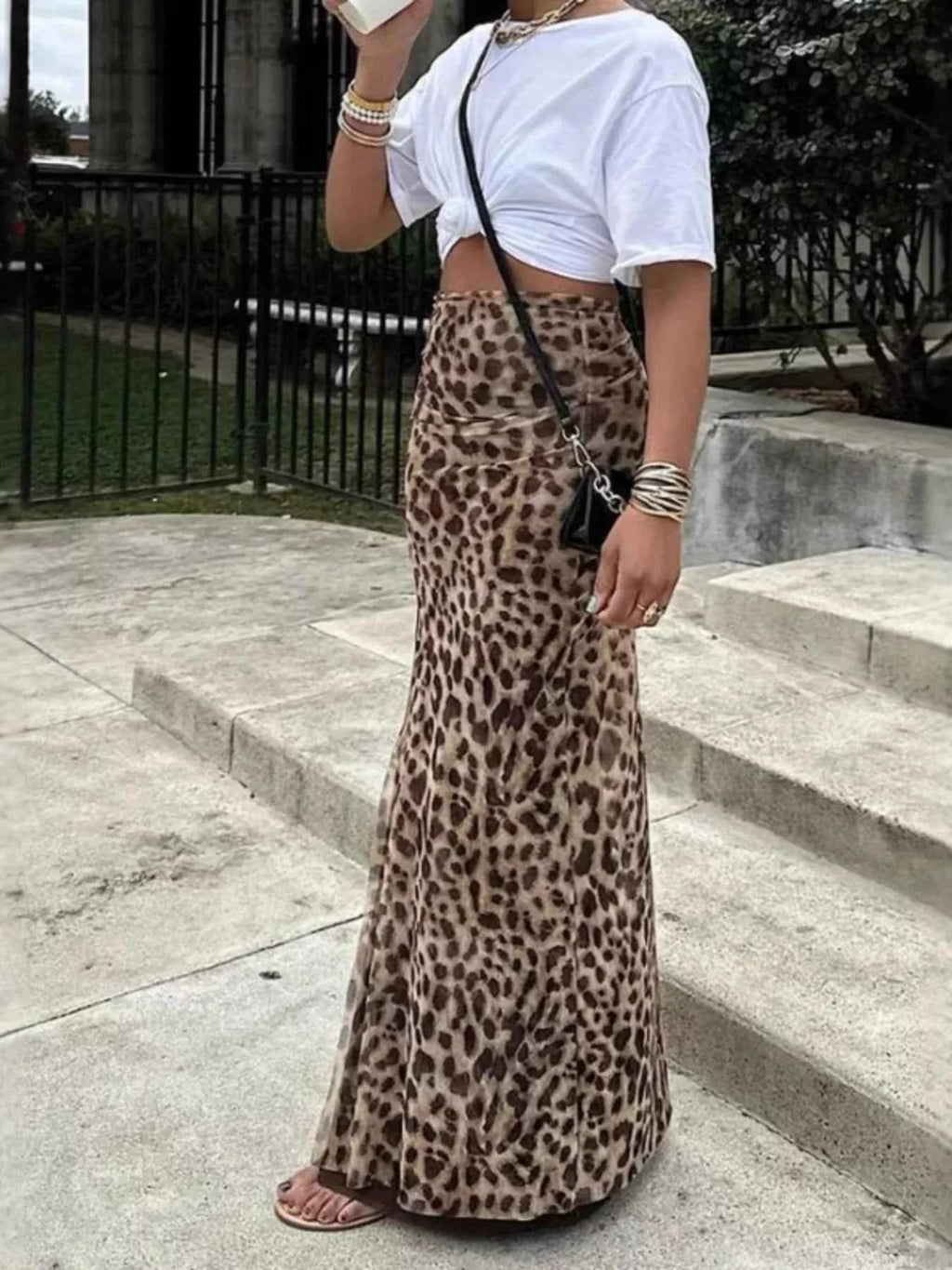 Women's Leopard Print High-Waisted Maxi Skirt Side Split Not Lined S-2XL