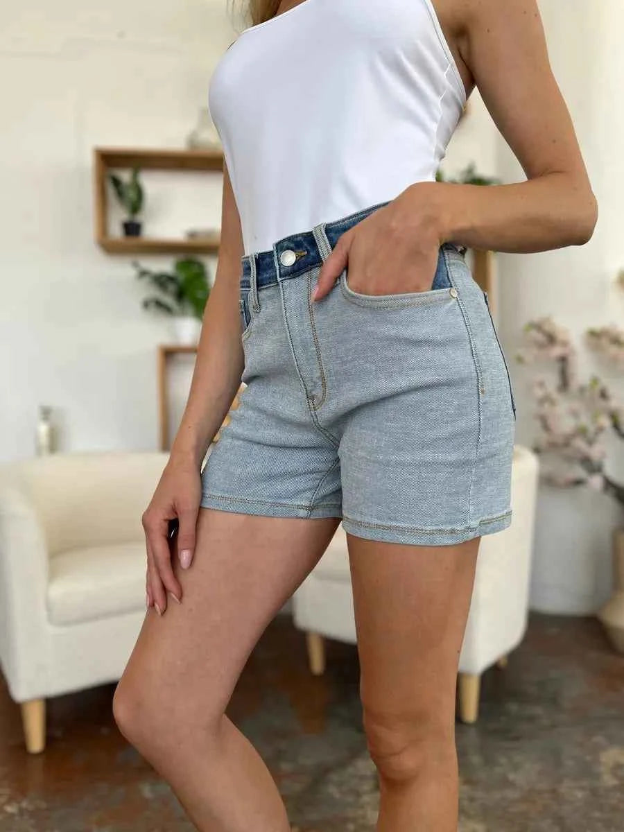 Women's Judy Blue Color Block Denim Shorts Pockets Light Medium Wash S-3XL