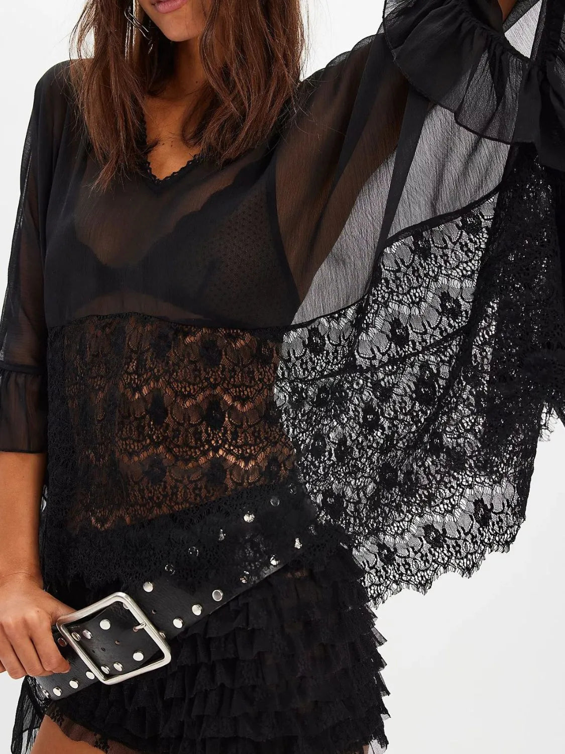 Women's Lace V-Neck Ruffle Long Sleeve Cover-Up 3 Colors S-XL Black Cover-Ups - Swimwear