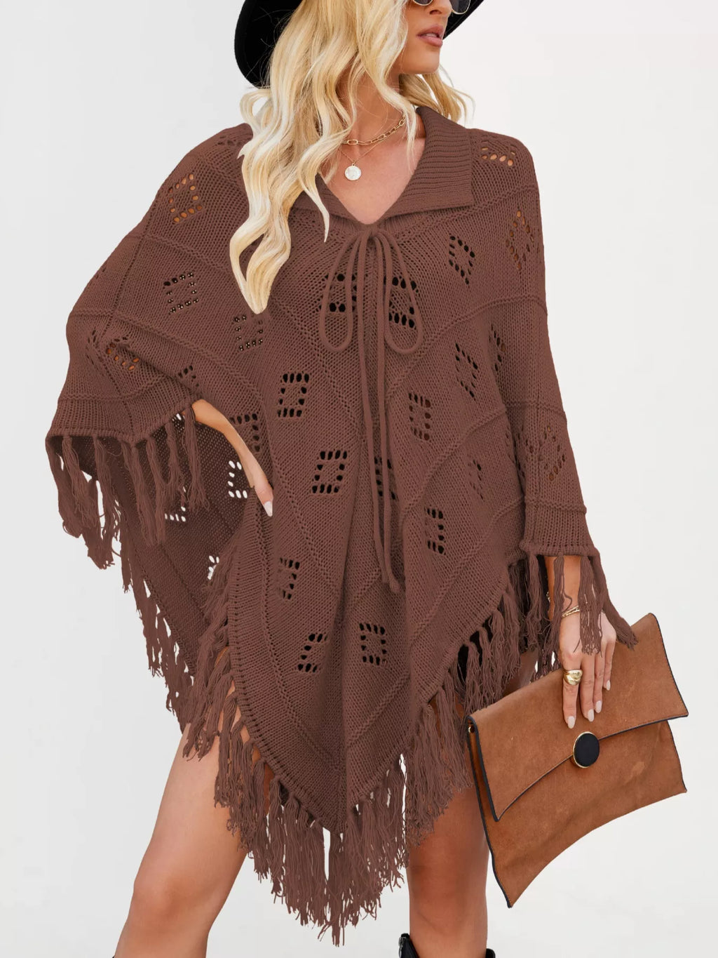 Women's Fringe Tassel Tie Openwork Knit Boho Beach Cover Up Multi Colors S-XL