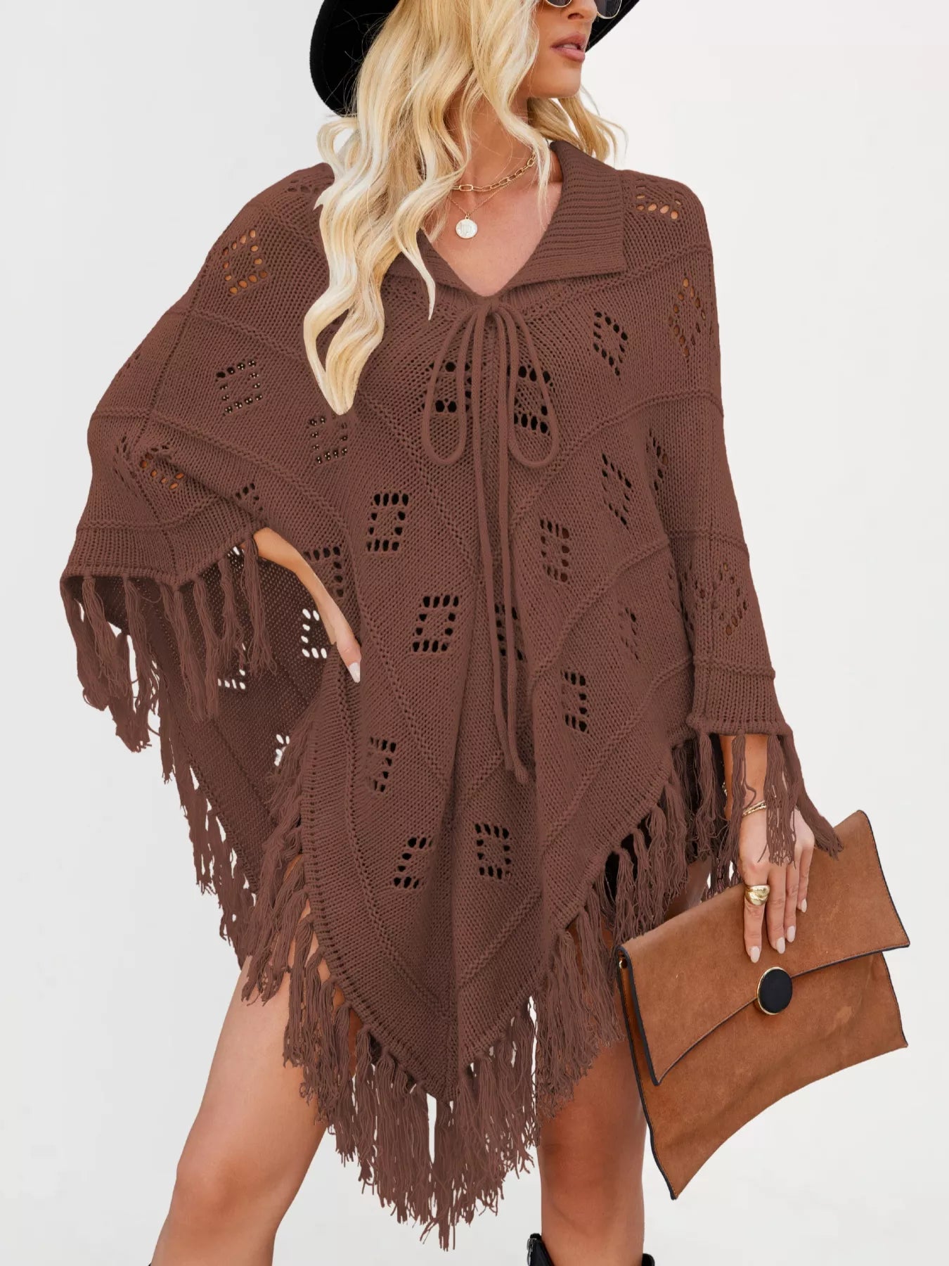 Women's Fringe Tassel Tie Openwork Knit Boho Beach Cover Up Multi Colors S-XL