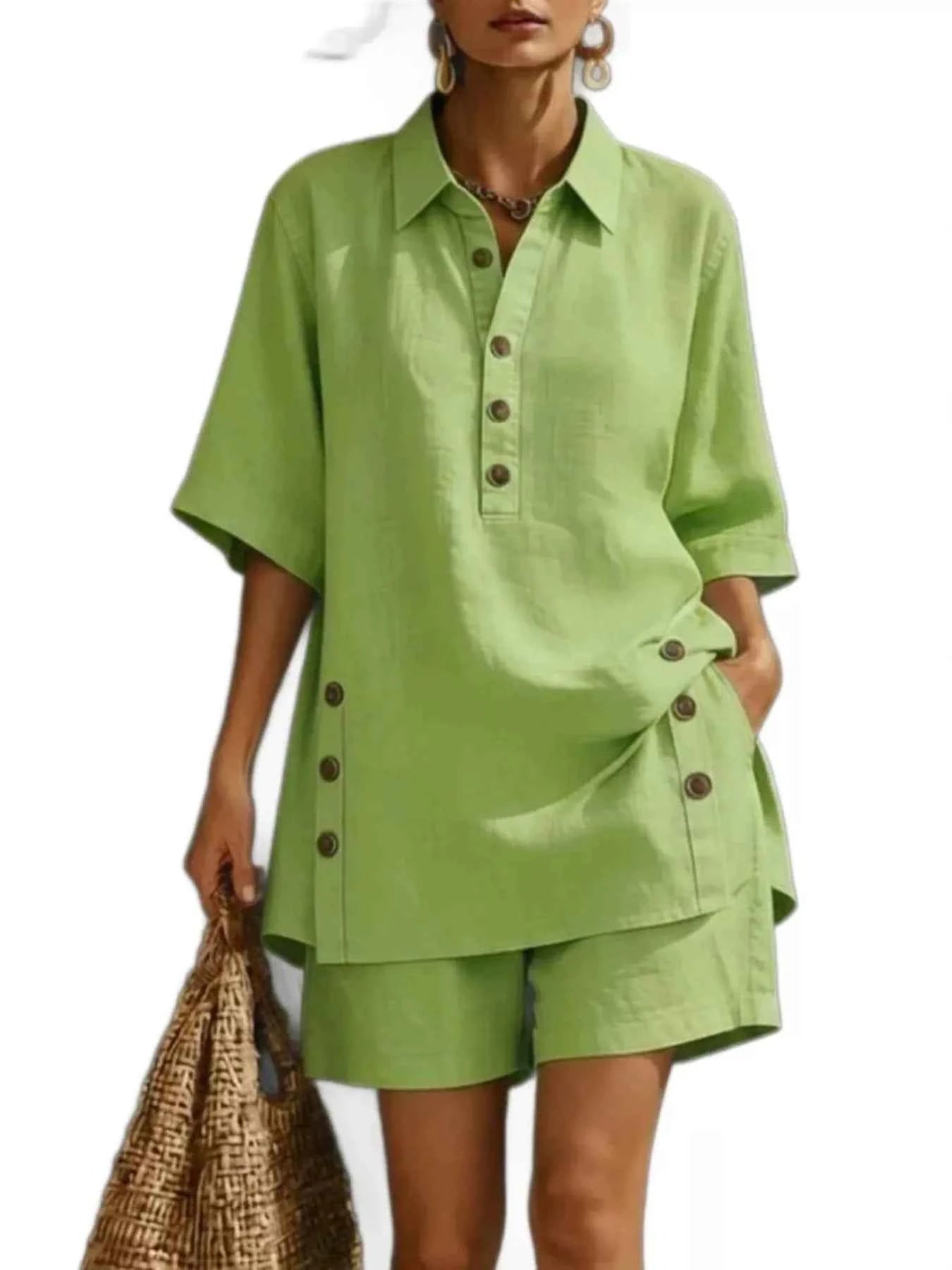 Women's Linen Button-Down Shirt & Shorts Two-Piece Set Plus Size Multi S-4XL Green