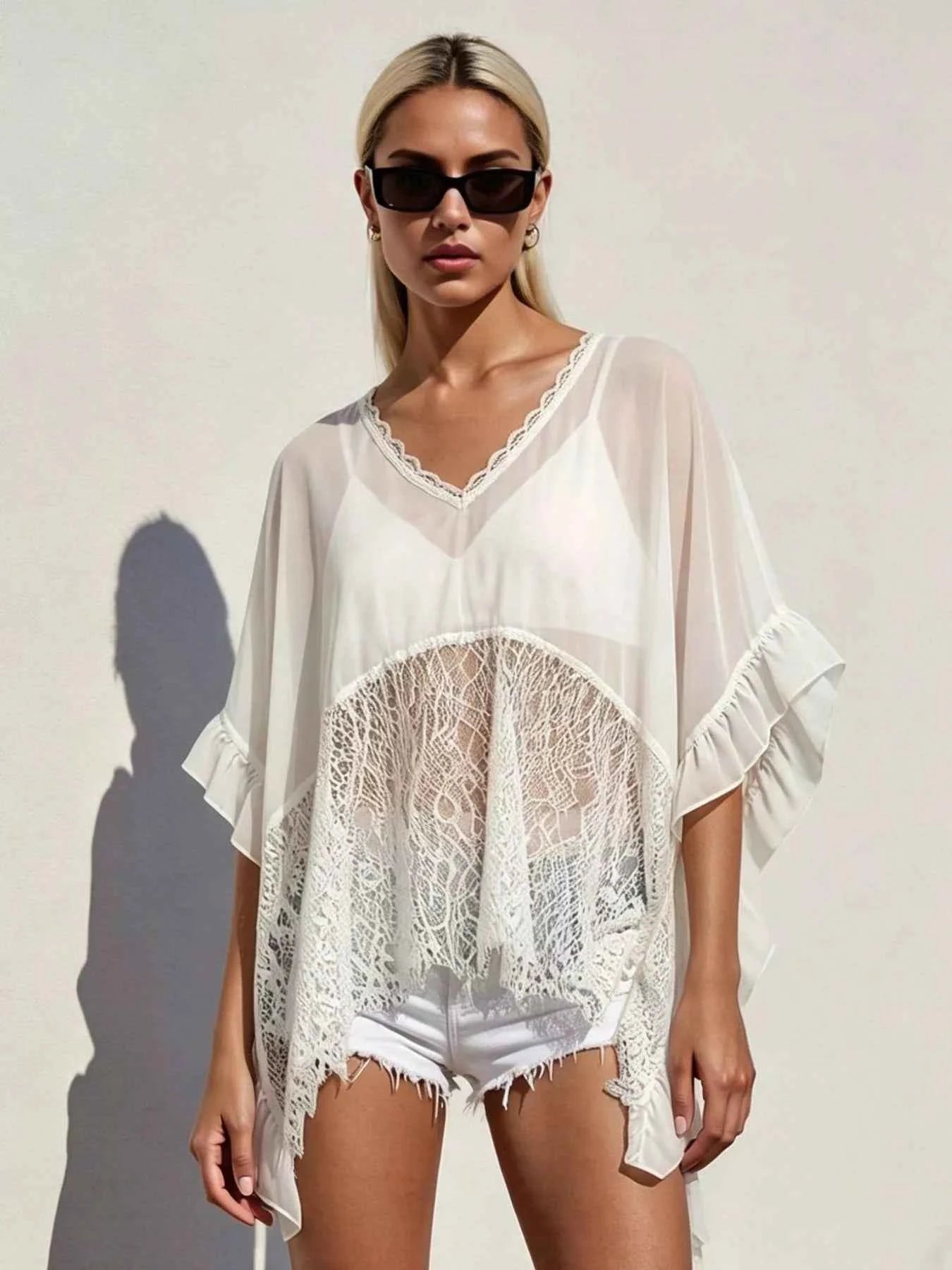 Women's Sheer Lace Trim Ruffle Flowy Short Sleeve Cover-Up Black White S-XL