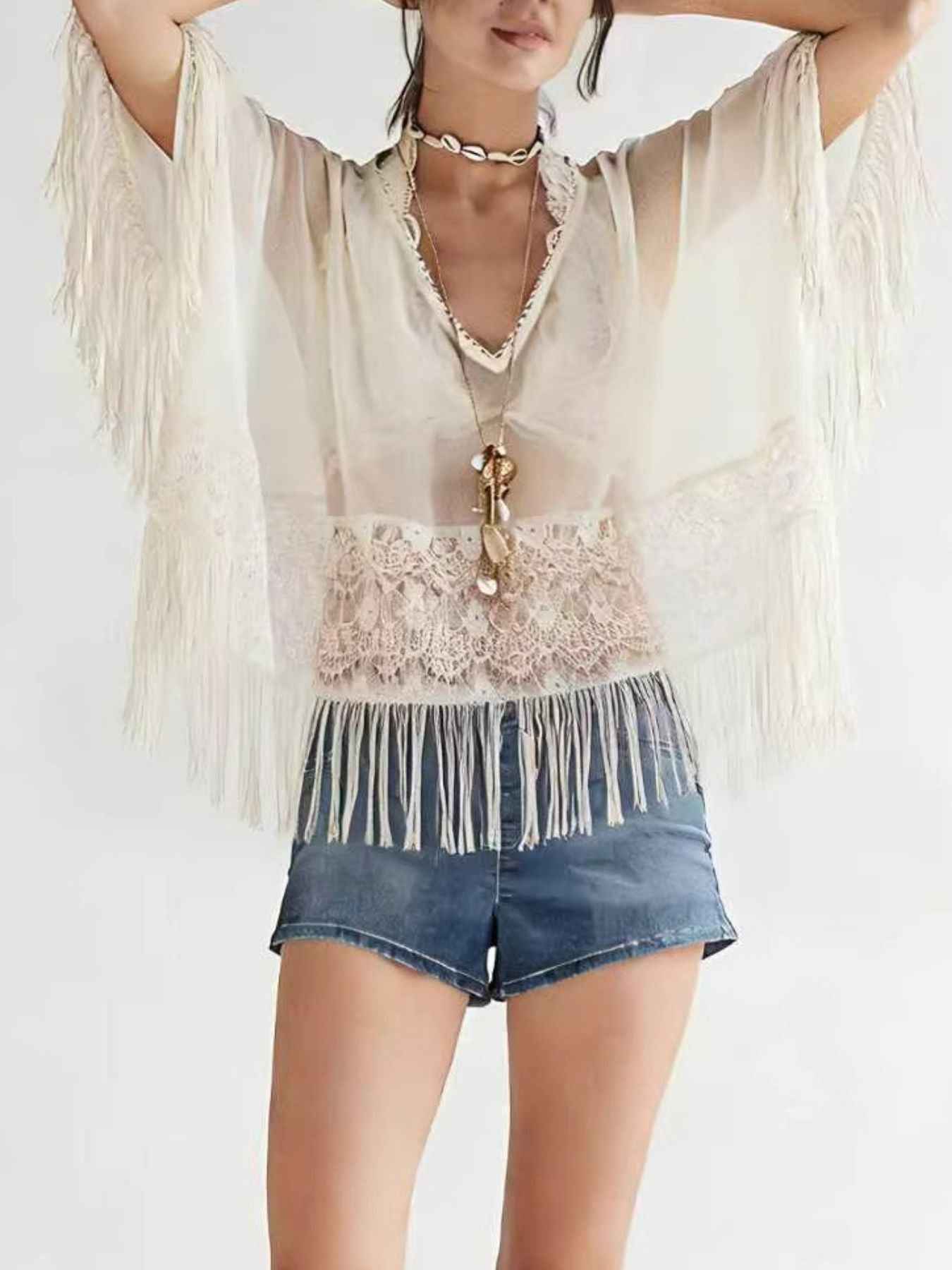 Women's Sheer Lace Fringe Short Sleeve Beach Cover-Up Black White S-XL White