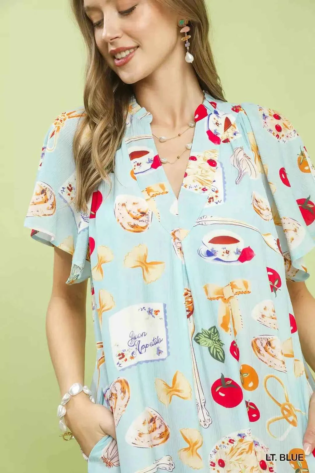 Women's Umgee Abstract Print Flutter Sleeve Midi Dress Light Blue S-L