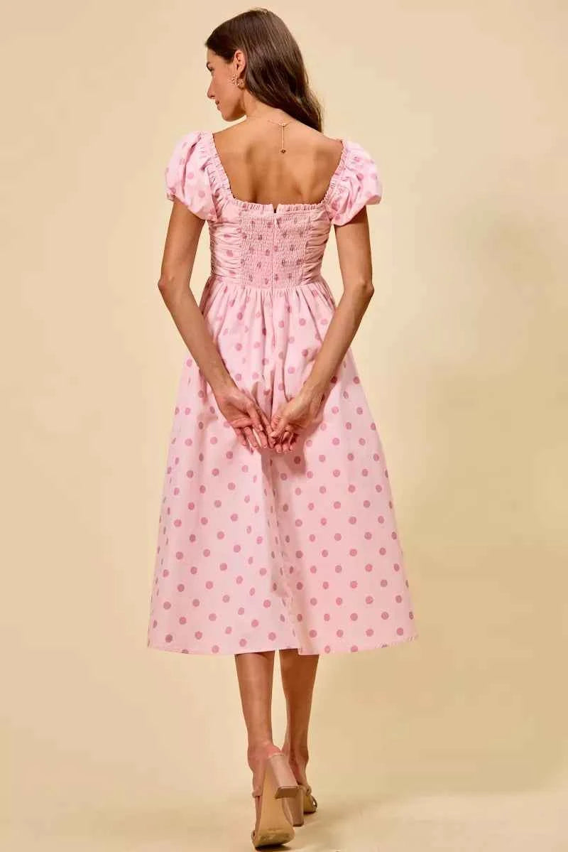 Women's Polka Dot Cotton Midi Dress Short Sleeve Pockets Smocked Pink S-XL