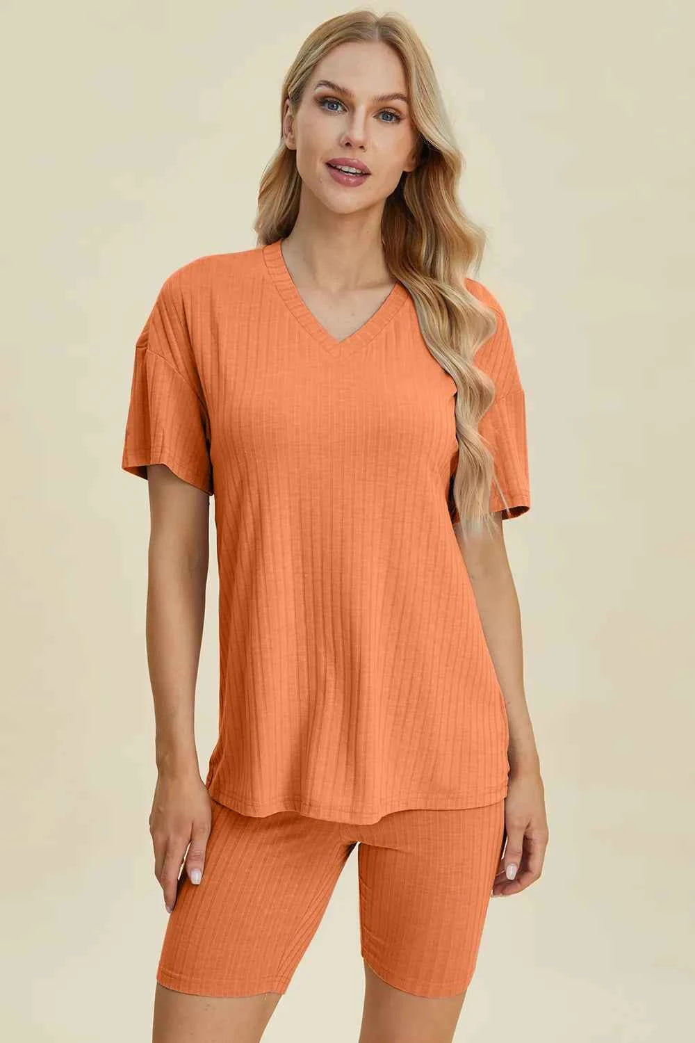 Women's Basic Bae Ribbed V-Neck Top and Shorts Set Two-Piece Multi Colors S-3XL