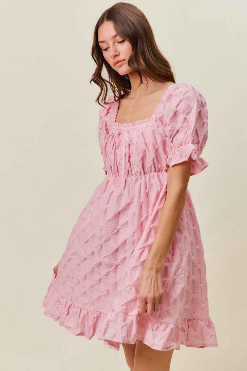 Women's SO ME Woven Ruched Bust Mini Dress Smocked Ruffle Pink S-XL