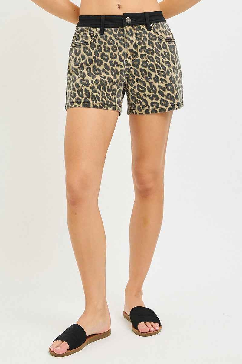 RISEN Women's High Rise Leopard Print Shorts Contrast Waistband Coffee S-XL COFFEE