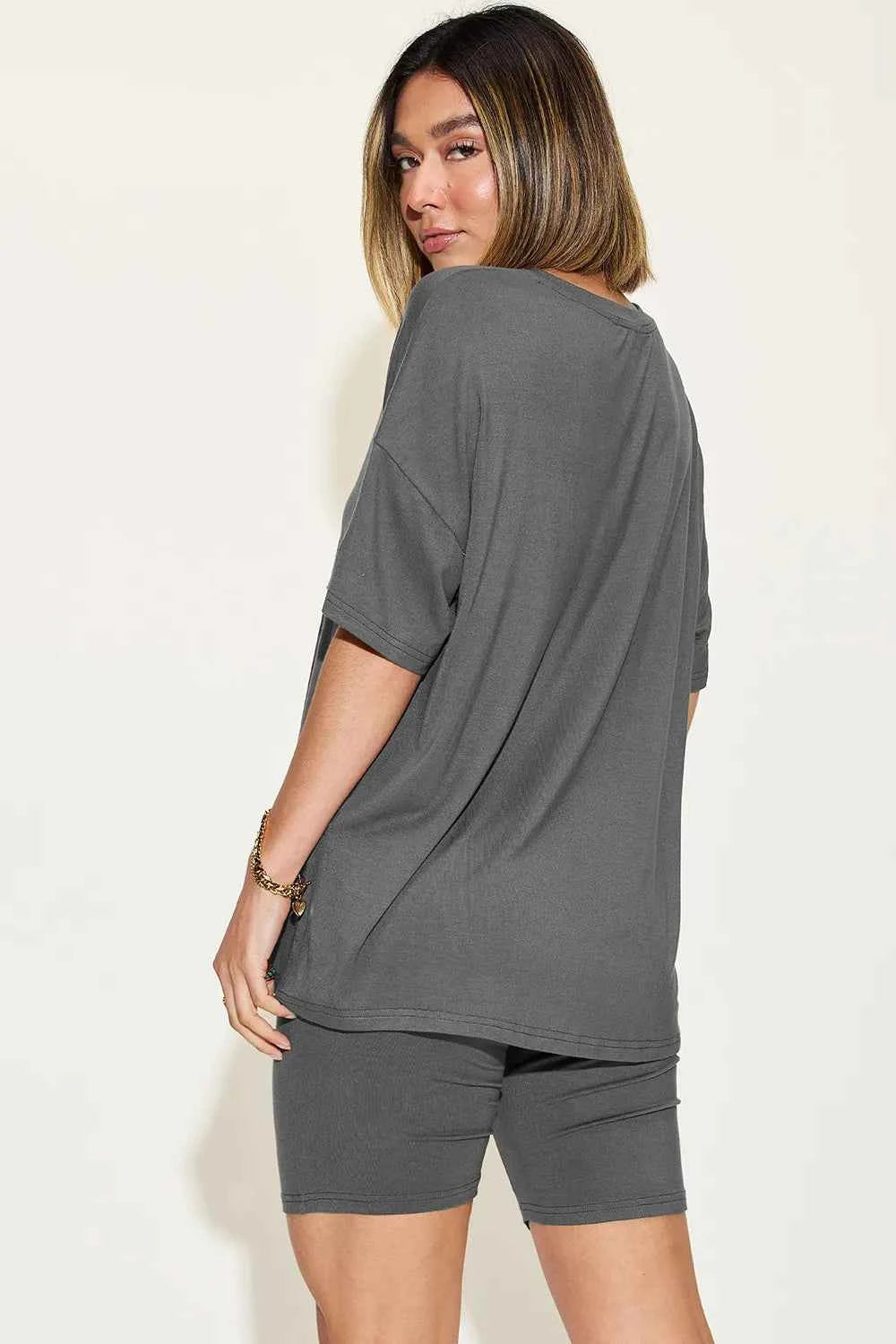 Women's Basic Bae V-Neck Drop Shoulder T-Shirt and Shorts Set Multi Colors S-3XL