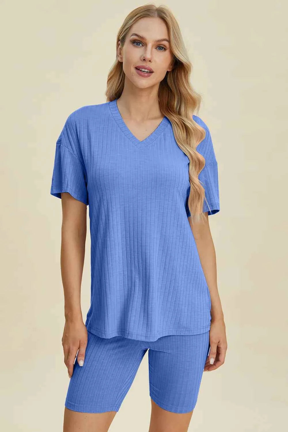 Women's Basic Bae Ribbed V-Neck Top and Shorts Set Two-Piece Multi Colors S-3XL Blue