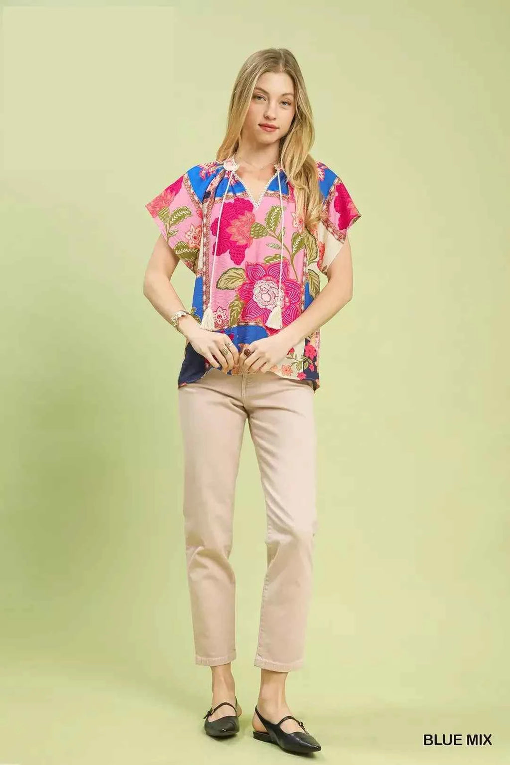Umgee Women's Floral Patchwork Tassel Tie Top Lace Trim Blue Mix S-L