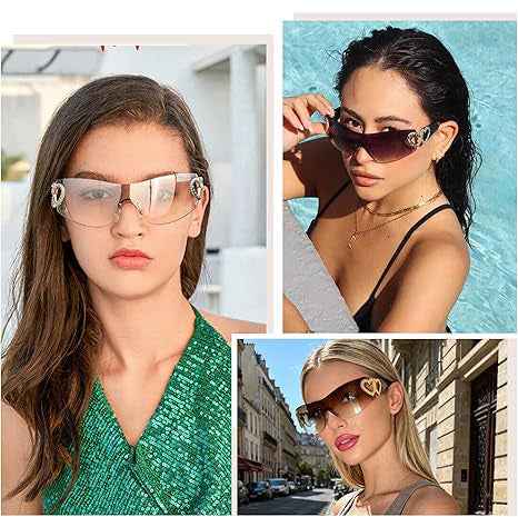 Women's Y2K Rimless Wrap Aviator Sunglasses UV400 Amber One Size