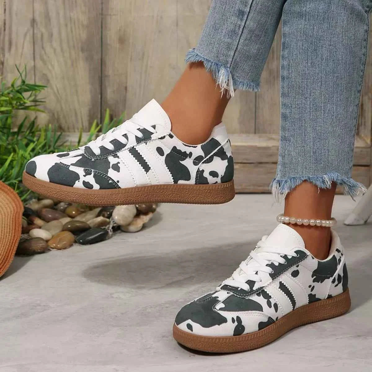 Women's Cow Print Casual Flat Sneakers PU Leather Black Brown US 5-11