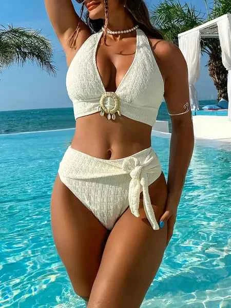 Women's White Shell Embellished Split Bikini Swimsuit Quick-Dry Beach S-XL