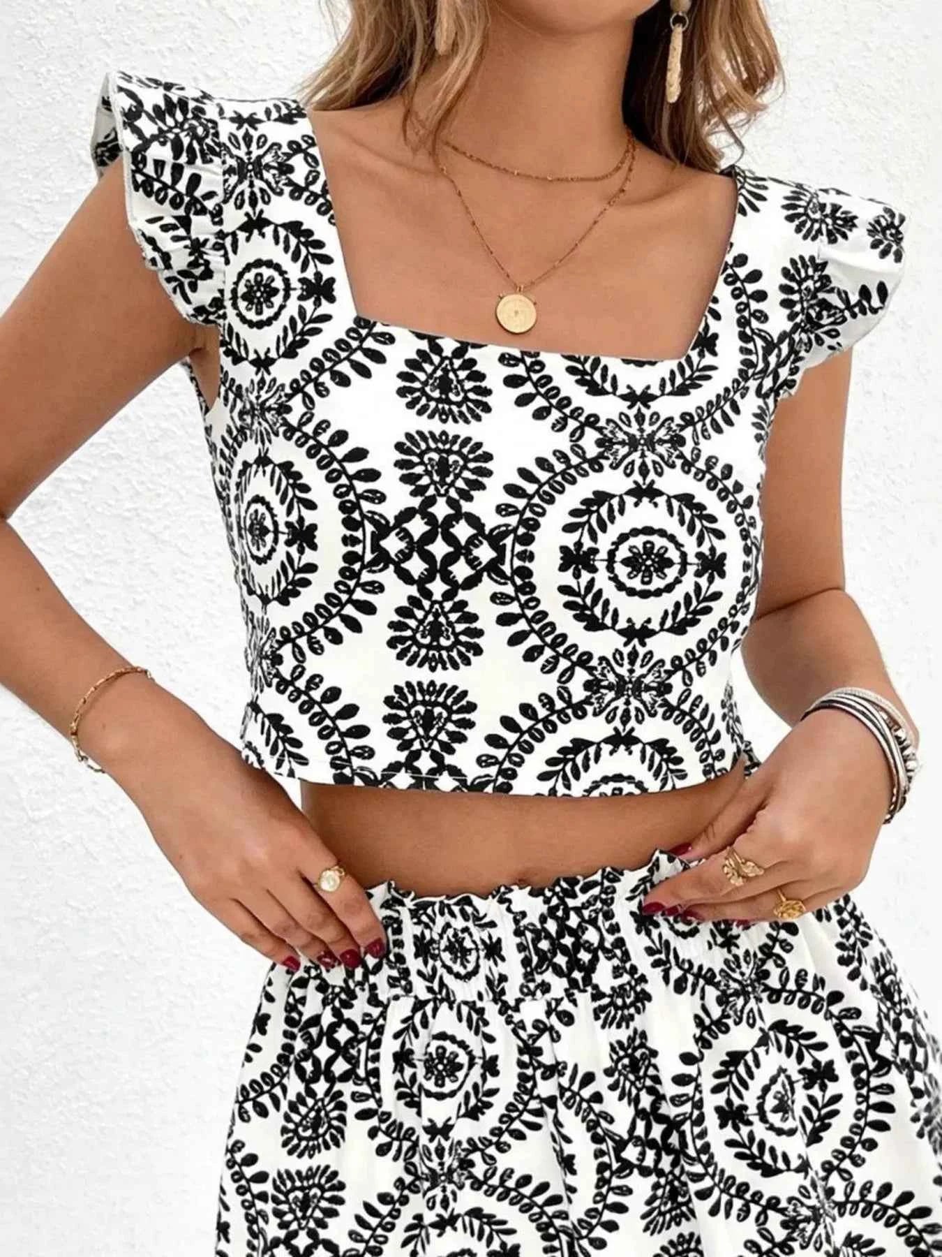 Women's Printed Ruffle Trim Crop Top & Shorts Matching Two-Piece Set Black XS-L
