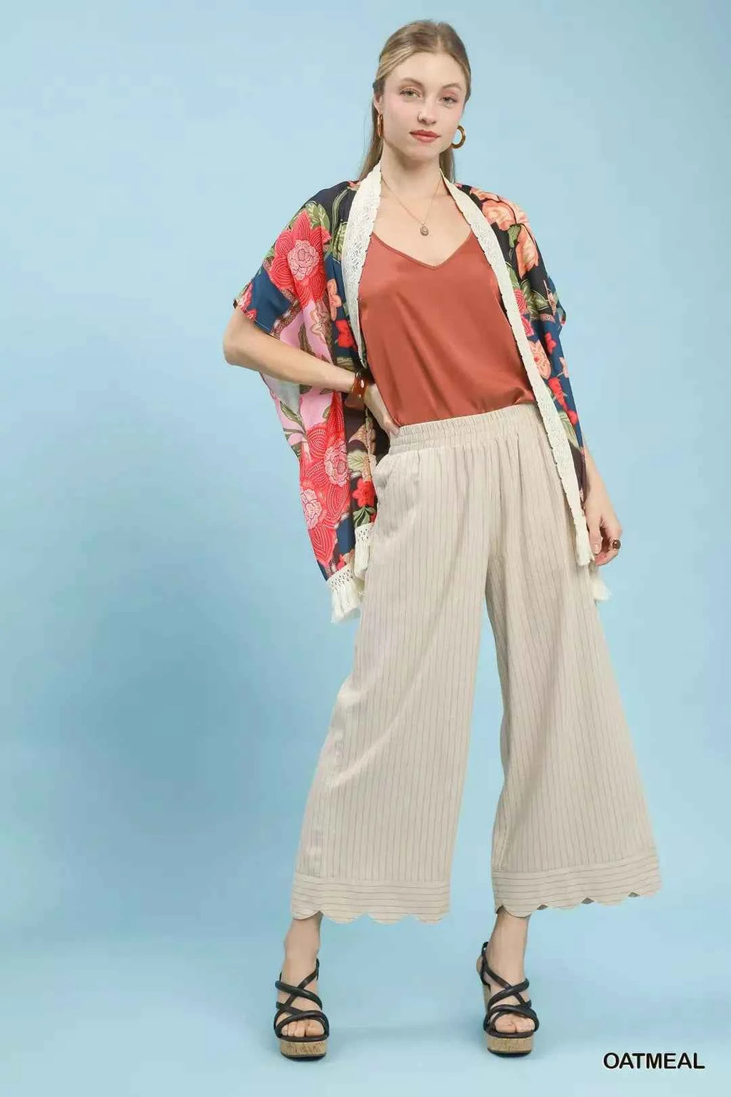 Women's Umgee Pinstripe Wide Leg Linen Pants Scalloped Hem Oatmeal S-L