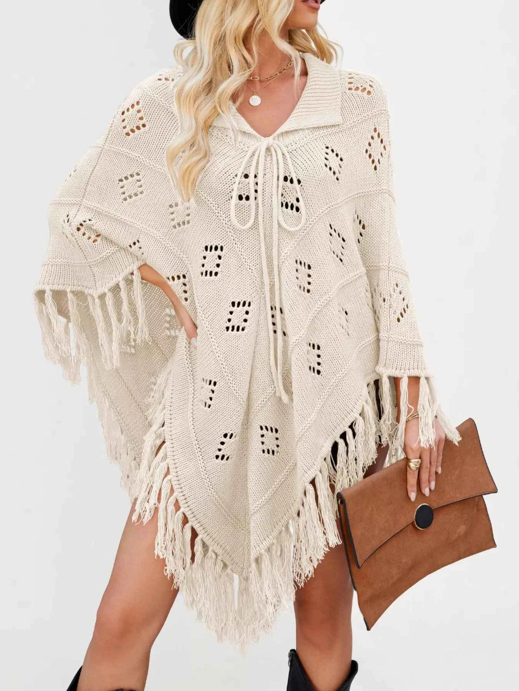 Women's Fringe Tassel Tie Openwork Knit Boho Beach Cover Up Multi Colors S-XL Apricot