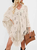 Women's Fringe Tassel Tie Openwork Knit Boho Beach Cover Up Multi Colors S-XL Apricot
