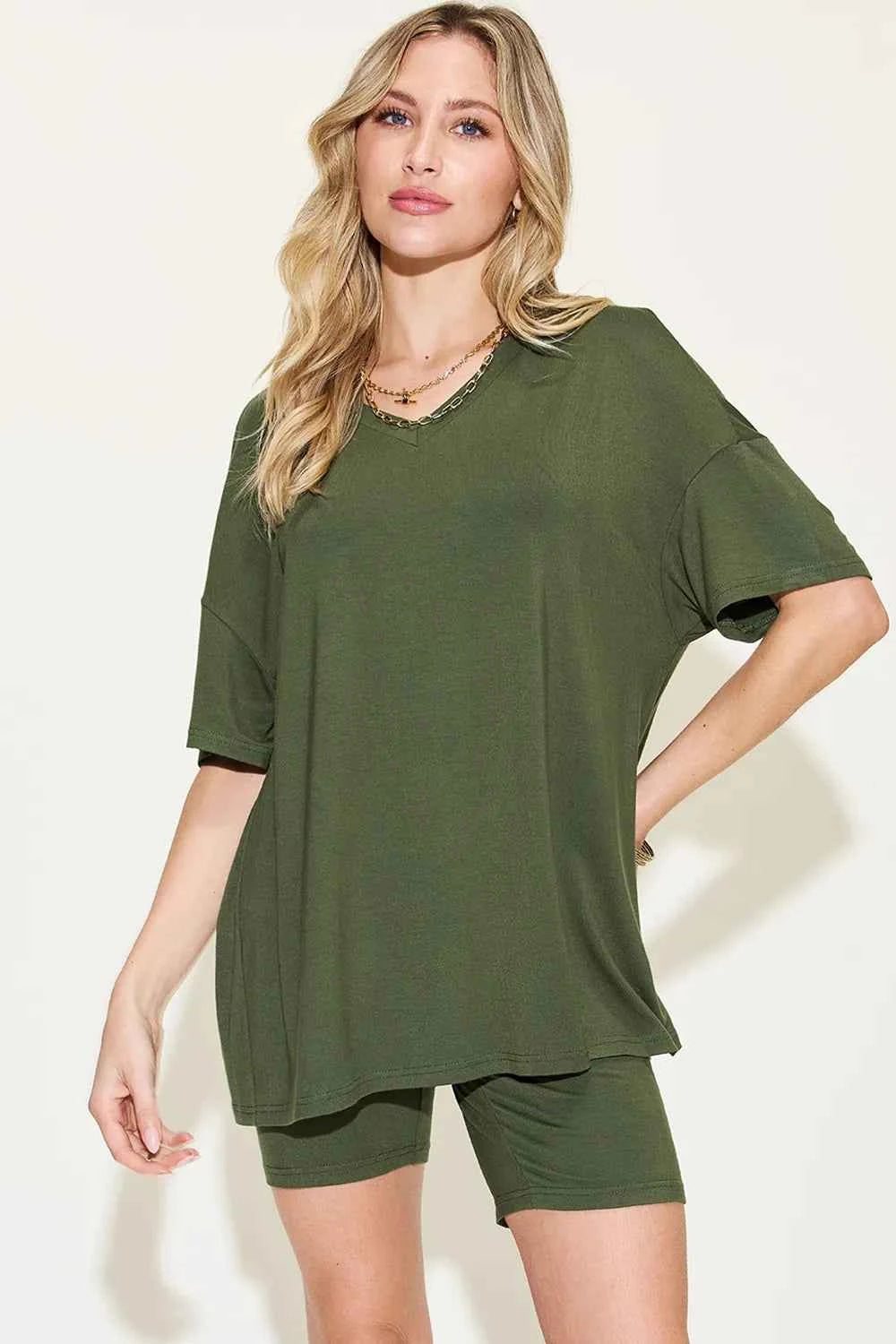 Basic Bae Women's V-Neck Drop Shoulder T-Shirt Shorts Set S-3XL Matcha Green