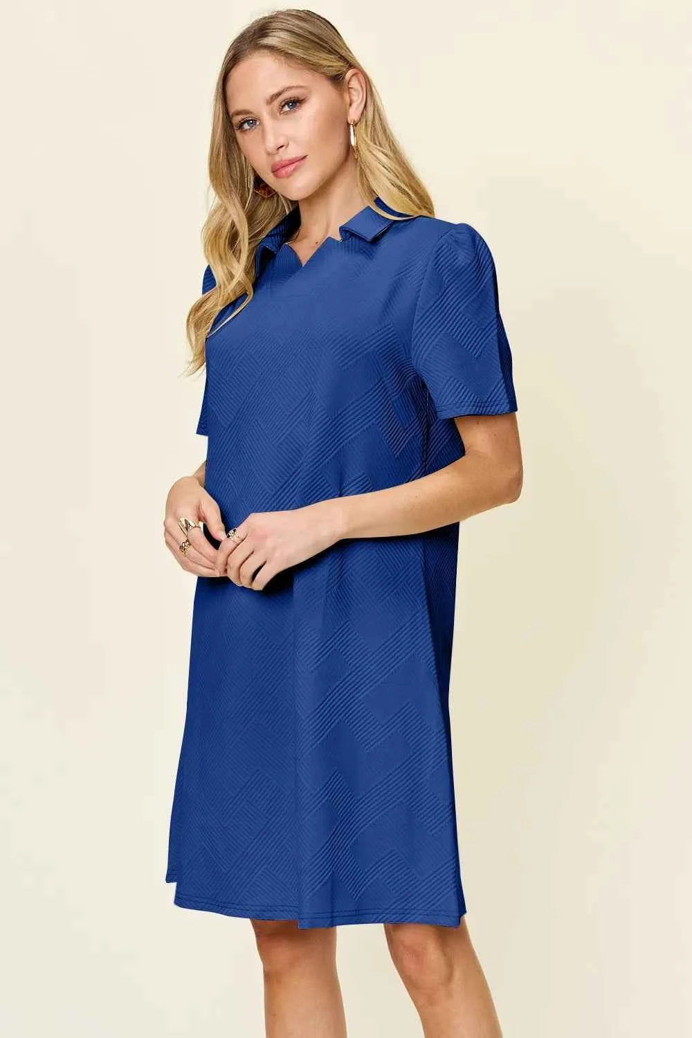 Women's Double Take Texture Collared Neck Short Sleeve Dress Multi Colors S-3XL