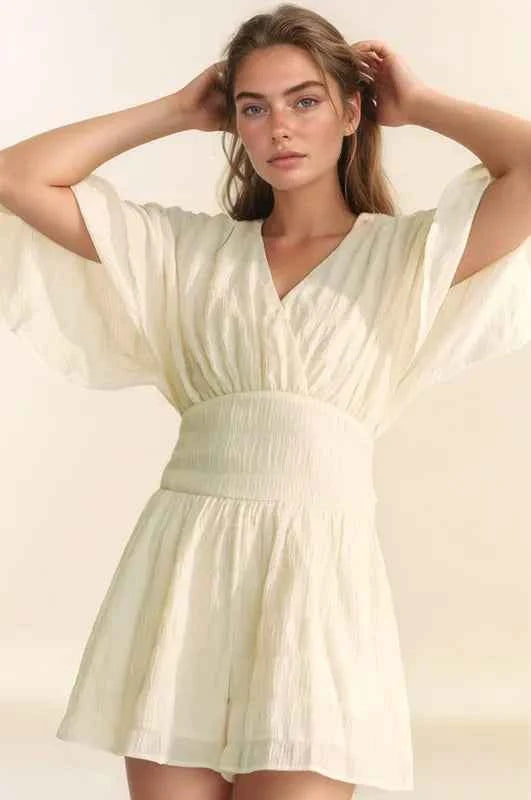 Davi & Dani Women's Batwing Sleeve Belted Romper Ruched Smocked Beach Cream L Cream L