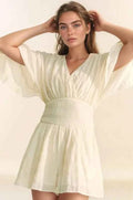 Davi & Dani Women's Batwing Sleeve Belted Romper Ruched Smocked Beach Cream L Cream L