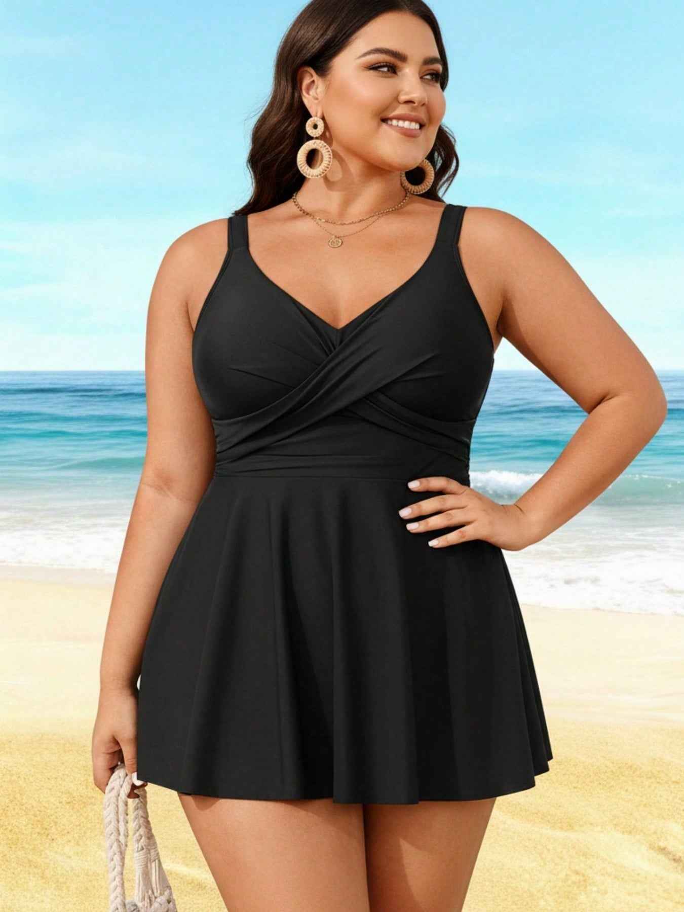 2026 Elegant Plus Size Swim Dress - Black Cross-Front Design, Flared Silhouette, Modest Beach & Pool Swimwear