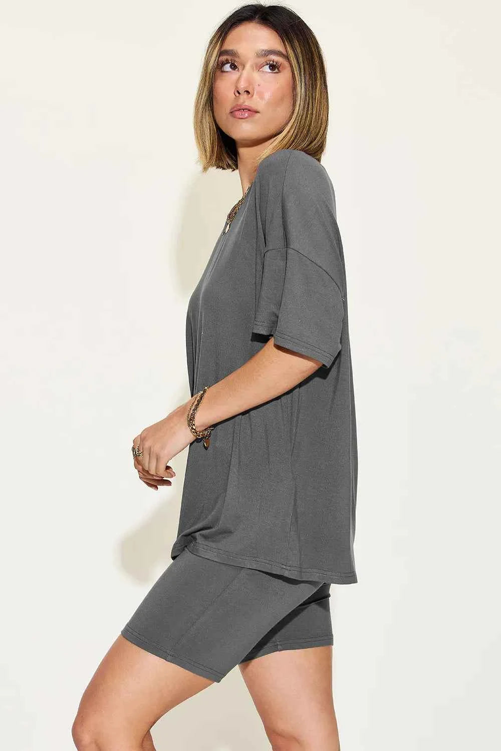 Women's Basic Bae V-Neck Drop Shoulder T-Shirt and Shorts Set Multi Colors S-3XL