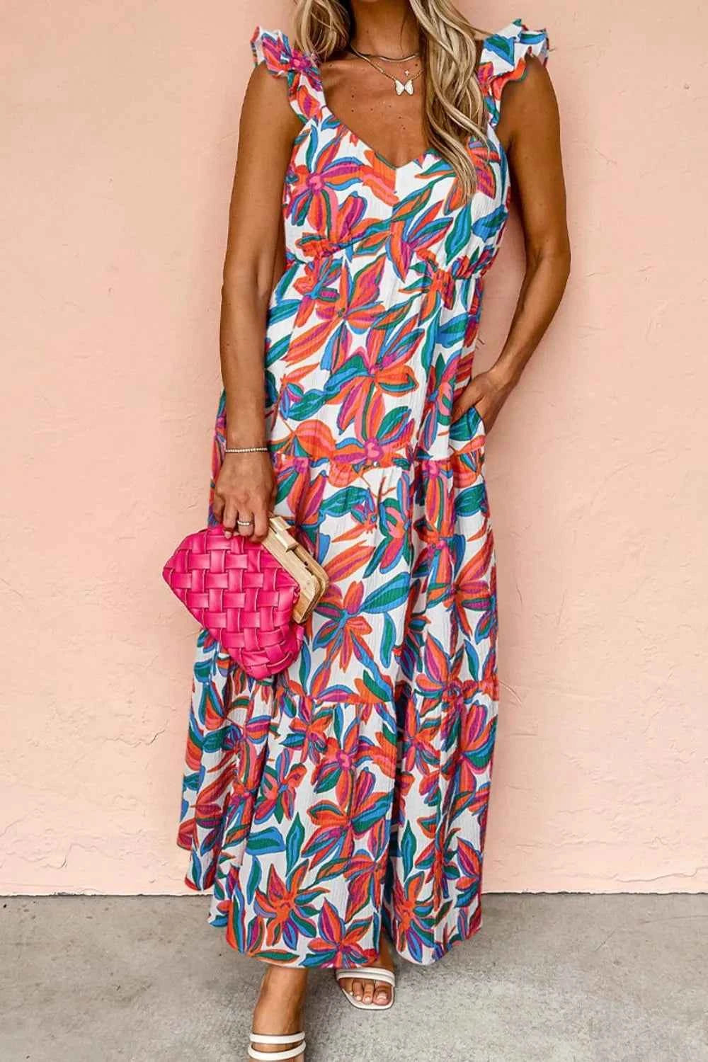 Floral Ruffled Strap V Neck Maxi Dress