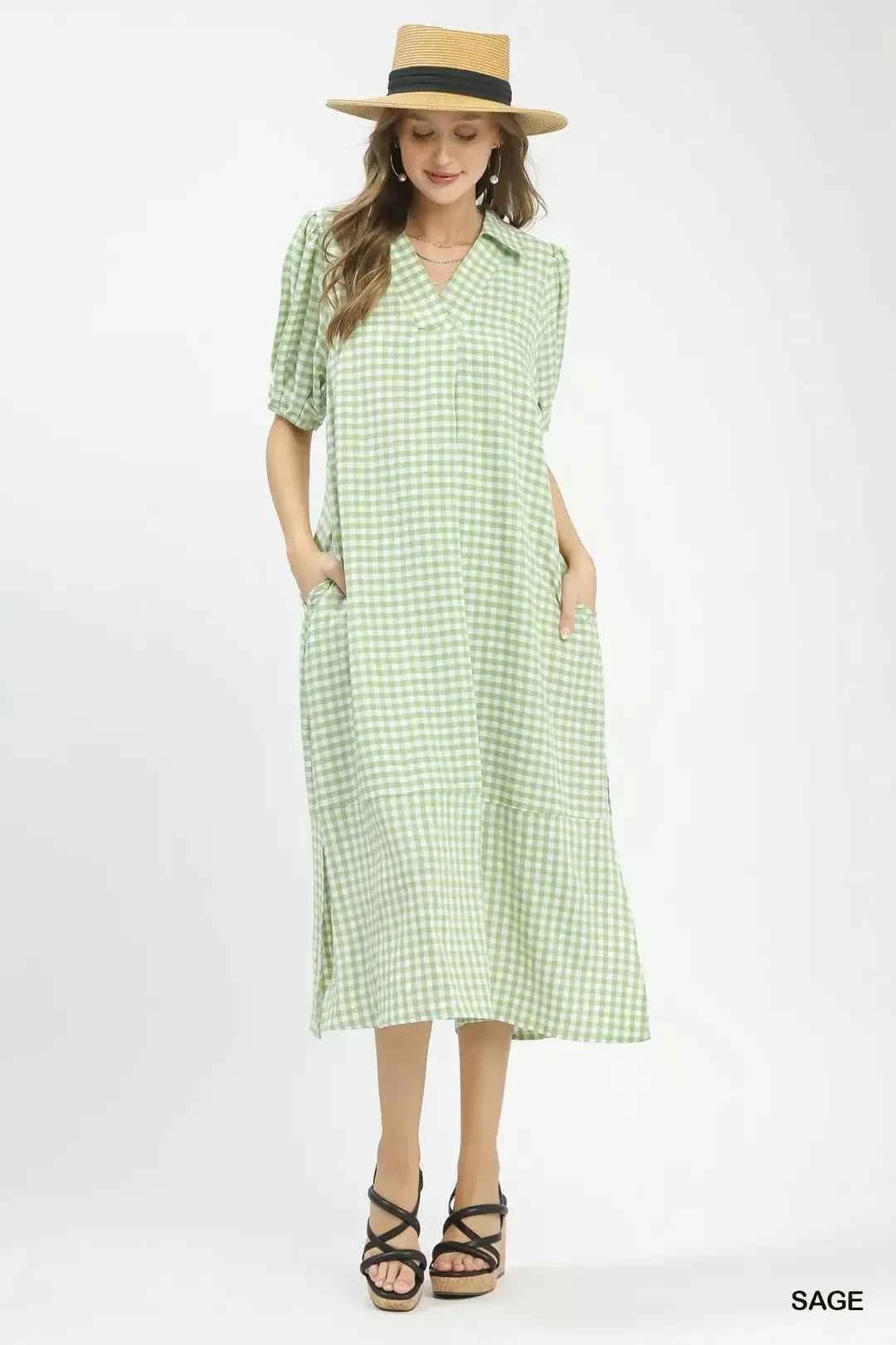 Umgee Women's Gingham A-Line Midi Dress V-Neck Ruffle Hem Pockets Sage S-L