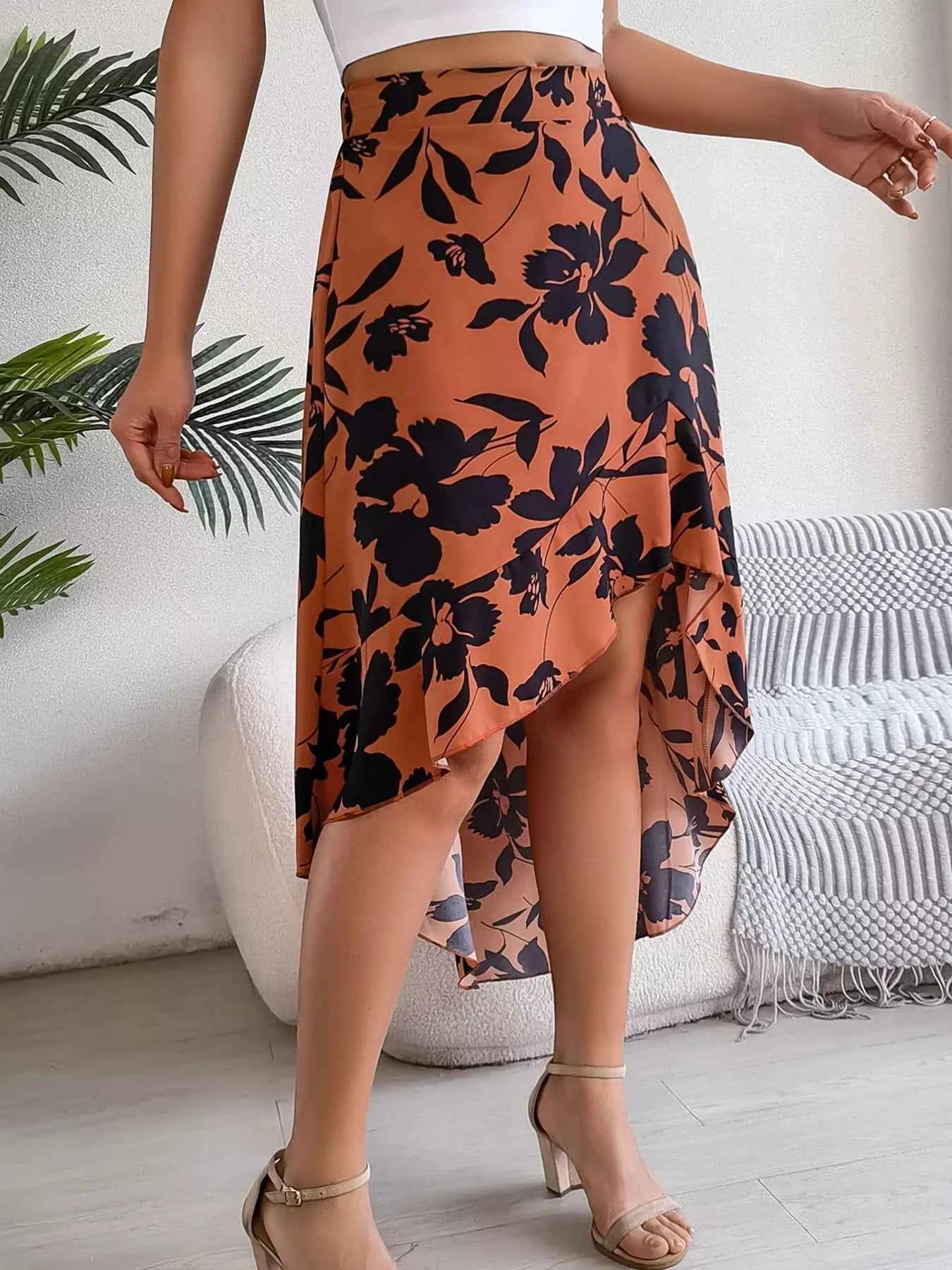 Women's Floral Print Ruffle Hem Asymmetrical Split Skirt Multi Colors S-XL Orange