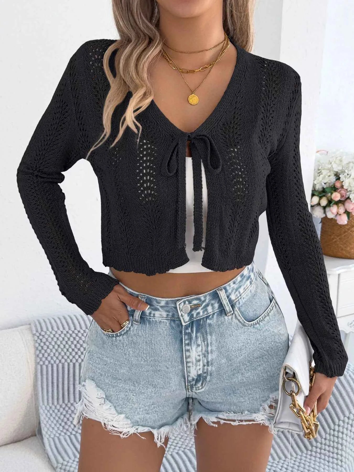 Women's Crochet Knit Tie Front Cropped Cardigan Lightweight Open Knit S-XL